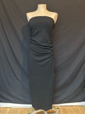 Strapless Black Ruched Slit Midi Dress